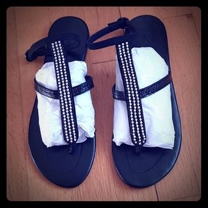 Skemo leather rhinestone ankle strap sandals